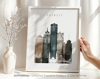 Detroit art print, watercolor poster, Detroit skyline, wall art, Michigan cityscape, travel gift, city posters, ArtPrintsVicky