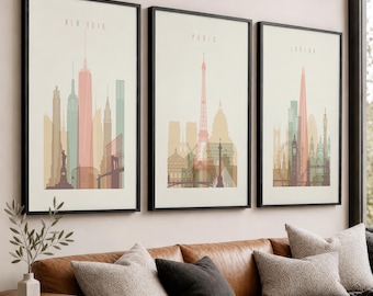 Set of 3 prints New York, London, Paris, Cityscape Posters Triptych