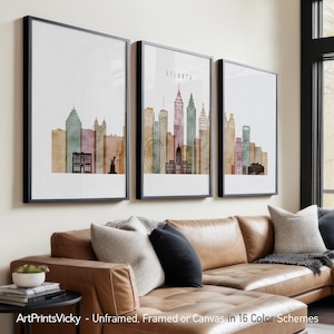 Atlanta 3 Piece Wall Art Prints, Atlanta Skyline Poster Set | ArtPrintsVicky