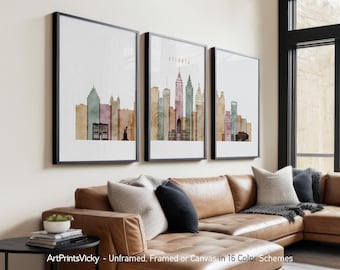 Atlanta 3 Piece Wall Art Prints, Atlanta Skyline Poster Set | ArtPrintsVicky