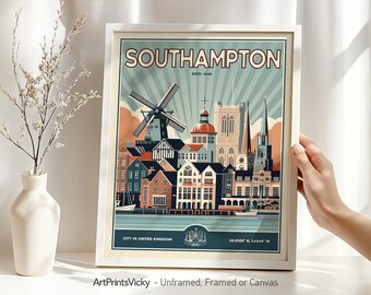 Southampton Print - England | Poster Skyline Retro style | Cityscape Wall Art Decor for Home or Office | Travel Gifts | ArtPrintsVicky