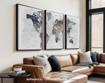 3 Piece Wall Art | World Map Poster set | Wall Map 3 Print Set | ArtPrintsVicky