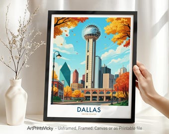 Dallas Skyline Travel Poster, Dallas TX Print, Cityscape Wall Art Decor for Home or Office, Wall Hanging, Housewarming Gift