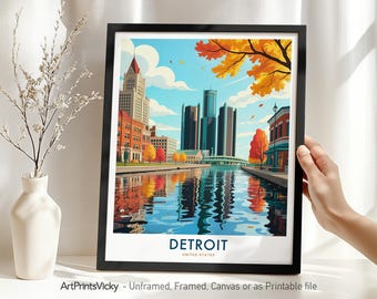Detroit Travel Print - Michigan, Detroit Skyline Poster, Cityscape Wall Art for Home Office Decor,  Housewarming Gift