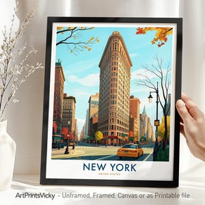 New York Reise Poster, NYC Druck, Flatiron Building Stadtbild Wandkunst, Kultige NYC Architektur Illustrationen, Housewarming Geschenk