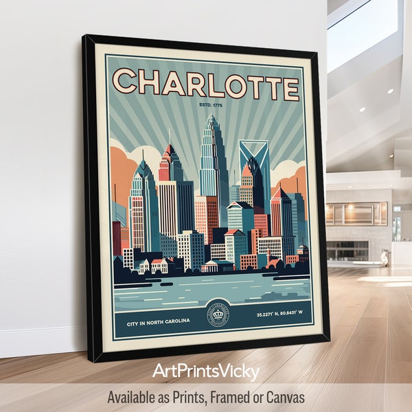 Charlotte NC Print | Charlotte Poster Wall Art in Retro style | Decor for Home and Office | Personalised Gift | ArtPrintsVicky