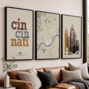 Cincinnati Wall Art Set of 3 City Map Prints Ohio Skyline, Typography Poster