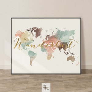 World map poster print Travel gifts wall art Decor for home and office ArtPrintsVicky Wanderlust Faux Gold