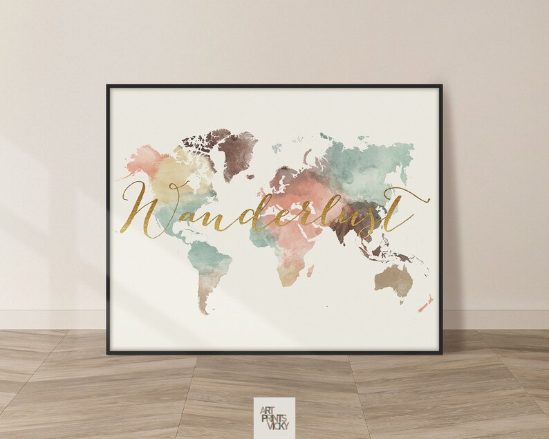 World map poster print Travel gifts wall art Decor for home and office ArtPrintsVicky Wanderlust Faux Gold