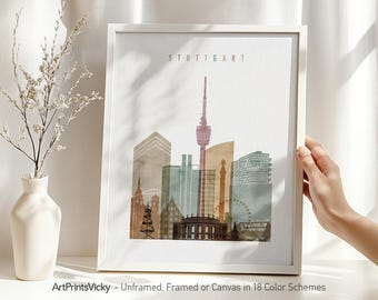Stuttgart poster, watercolor print skyline, Germany wall art, travel gifts, city poster | ArtPrintsVicky