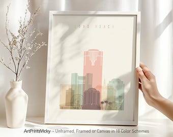 Long Beach CA Cityscape Print, Wall art skyline, poster, travel print, City print, personalised gift | ArtPrintsVicky