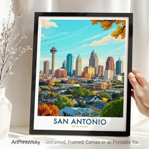 San Antonio TX Travel Print, San Antonio Poster Skyline, Wall Art Cityscape, Wall Hanging for Home Decor or Office, Housewarming Gift