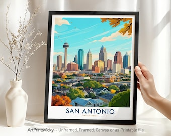 San Antonio TX Travel Print, San Antonio Poster Skyline, Wall Art Cityscape, Wall Hanging for Home Decor or Office, Housewarming Gift