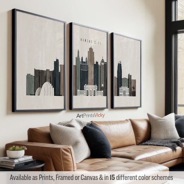 Kansas City 3 Piece Wall Art Prints, Kansas Skyline Poster Set | ArtPrintsVicky