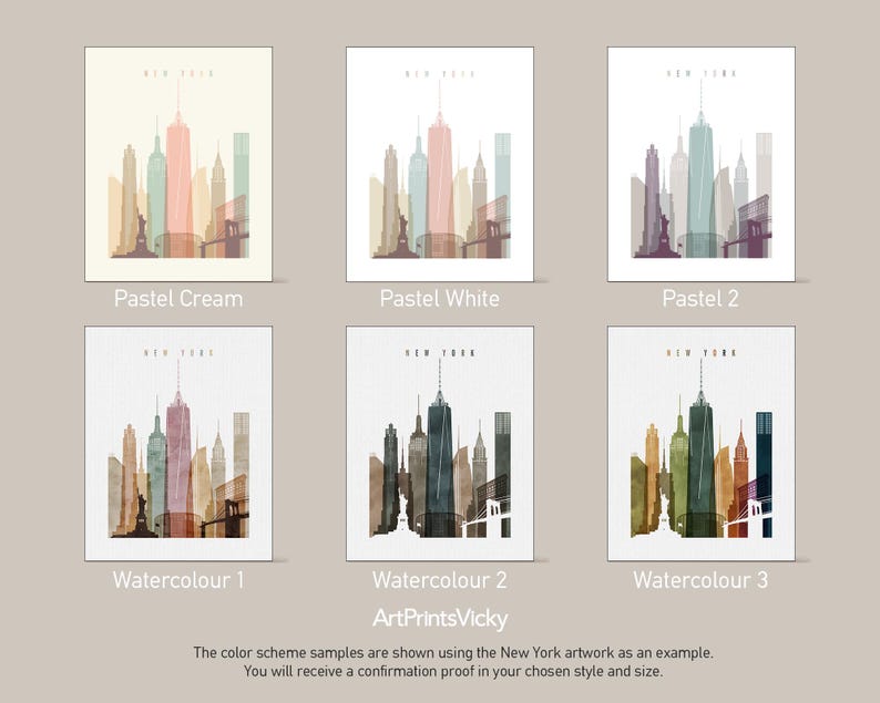 a set of four watercolor paintings of city buildings