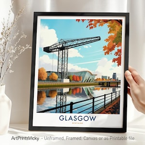 Glasgow Travel Print – Scotland, Glasgow Poster Illustration, Cityscape Home Decor or Gift