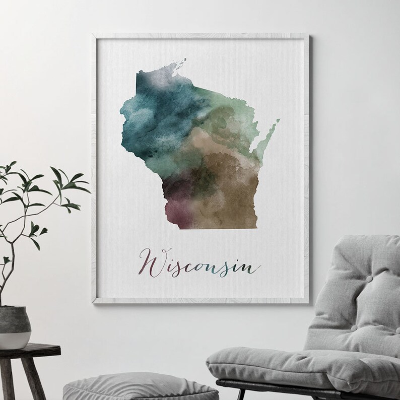 Wisconsin state map print Watercolor map Wall art Wisconsin Etsy