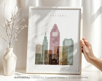 Cleveland skyline print, Cleveland watercolor poster, Wall art, Cleveland Ohio Cityscape, Office and Home Decor, travel poster, city prints
