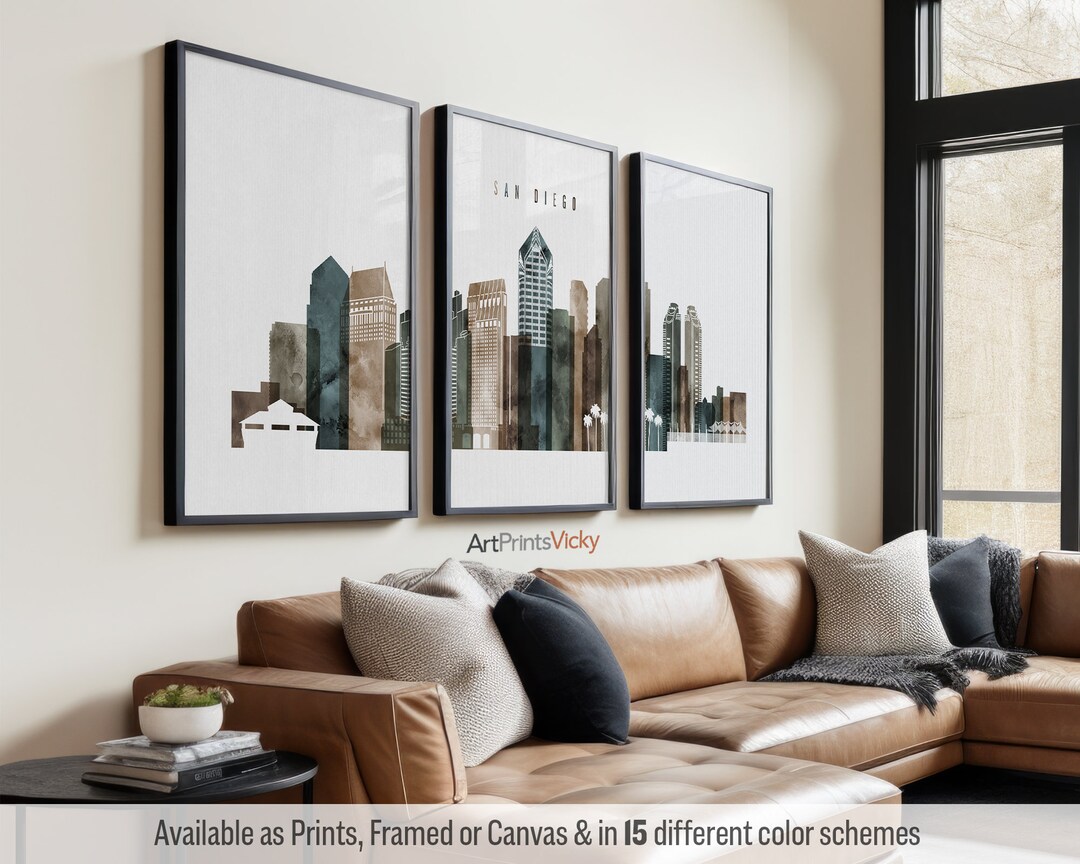 San Diego 3 Piece Wall Art Prints, San Diego Skyline Poster Set