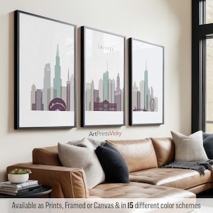 Chicago poster print set, Chicago skyline 3 panel set, Wall prints set of Chicago,  | ArtPrintsVicky