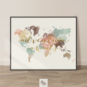 World map poster print Travel gifts wall art Decor for home and office ArtPrintsVicky Adventure Faux Gold