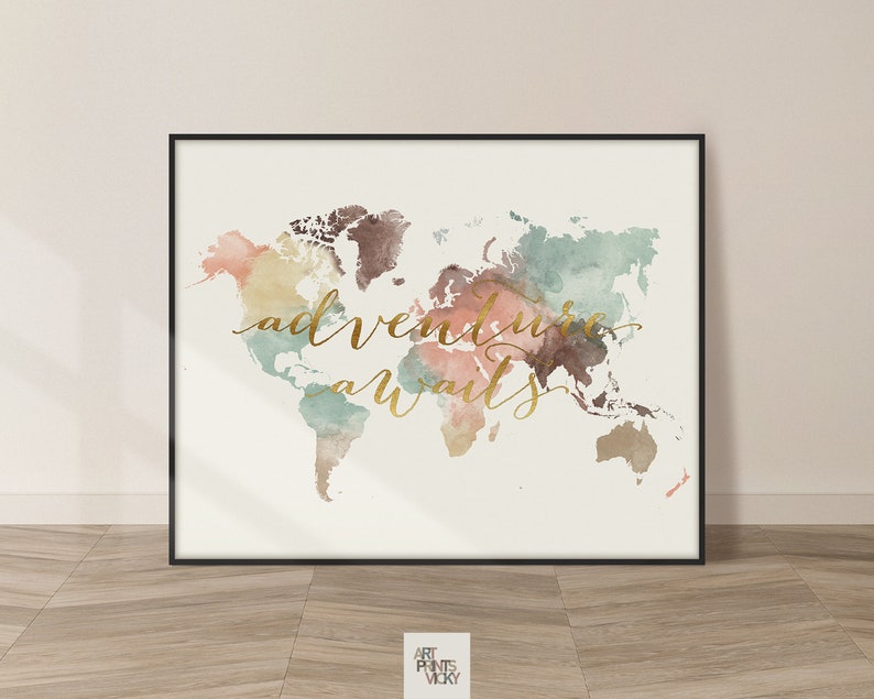 World map poster print Travel gifts wall art Decor for home and office ArtPrintsVicky Adventure Faux Gold