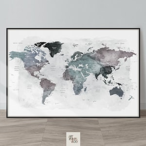 World Map Wall Art Large World Map Poster Detailed Map Canvas Wall Map Print Framed Personalised Map ArtPrintsVicky Cool Tones