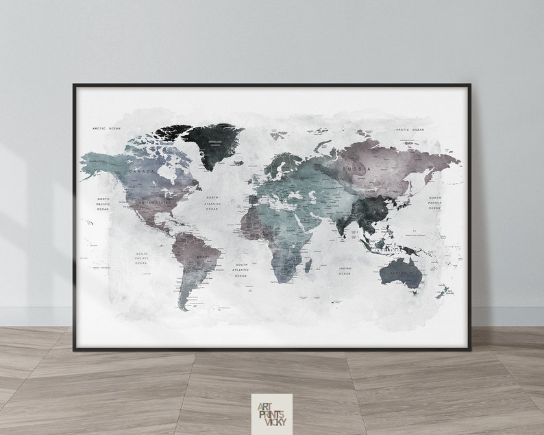 World Map Wall Art Large World Map Poster Detailed Map Canvas Wall Map Print Framed Personalised Map ArtPrintsVicky Cool Tones