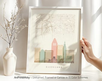 Cleveland Map and Skyline Print in Pastels | ArtPrintsVicky