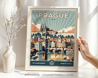 Prague Art Print | Prague Poster in Retro Style | Travel Gifts | Decor for Home and Office | Personalised Gift | ArtPrintsVicky
