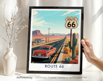 Route 66 Poster Print in Retro Style, American road trip Travel Wall Art, Wall Hanging Decor for Home or Office, Housewarming Gift