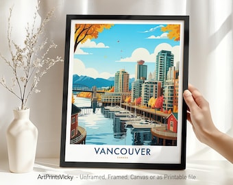 Vancouver Travel Poster – Canada | Vancouver Print Skyline Wall Art | Modern Urban Travel Illustration | Decor for Home or Gift