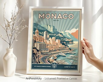 Monaco Poster | Monaco Print Wall Art in Retro Style | Monte Carlo Skyline | Travel Gift | Home Decor & Office | Wall Hanging city prints