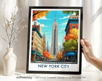 New York Travel Print, Poster Skyline | Manhattan Wall Art Cityscape Retro Gift | Iconic NYC Architecture Illustrations