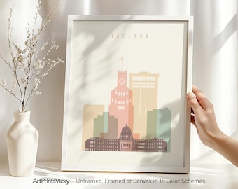 Jackson MS Print, Wall Art Skyline, Travel Poster for Homes, Offices, and Unique Gifts | ArtPrintsVicky