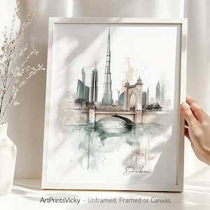 May include: A watercolour painting of the Dubai skyline, featuring the Burj Khalifa and a bridge over a body of water. The painting is in shades of grey, brown, and blue, with a light brown background.
