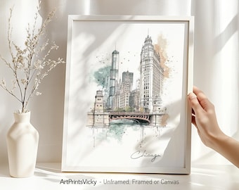 Chicago skyline wall art print | Cityscape poster drawing | Home & office decor | Travel gifts | Pastel city prints | ArtPrintsVicky