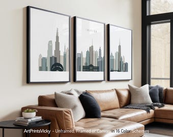 Chicago 3 Piece Wall Art Prints, Chicago Skyline Poster Set | ArtPrintsVicky