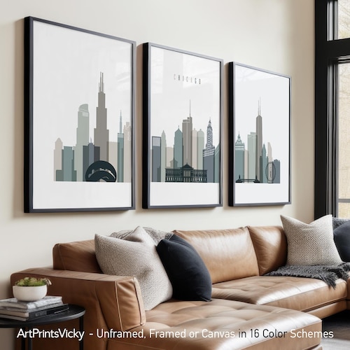 Chicago 3 Piece Wall Art Prints, Illinois Skyline Poster Set