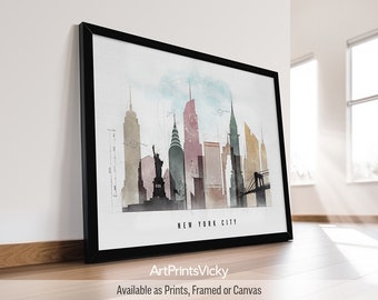 New York Watercolor Print, Minimalist Skyline Poster, Wall Art Urban Home and Office Decor, Travel gifts | ArtPrintsVicky