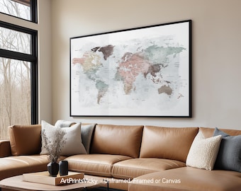 World Map Wall Art | Large World Map Poster | Detailed Map Canvas | Wall Map Print Framed | Personalised Map | ArtPrintsVicky