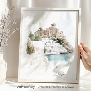 Lindos print drawing - Rhodes island | Lindos poster | Lindos Greece cityscape Illustration | ArtPrintsVicky