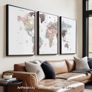 3 Piece Wall Art | World Map Poster set | Wall Map 3 Print Set | ArtPrintsVicky