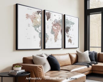 3 Piece Wall Art | World Map Poster set | Wall Map 3 Print Set | ArtPrintsVicky
