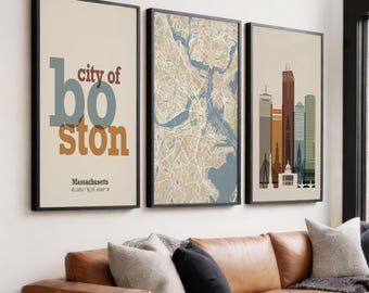 Boston Wall Art Set of 3 City Map Prints, Skyline Massachusetts Decor, Typography Poster