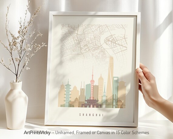 Shanghai City Map Wall Art Print: Skyline in 15 Color Combinations
