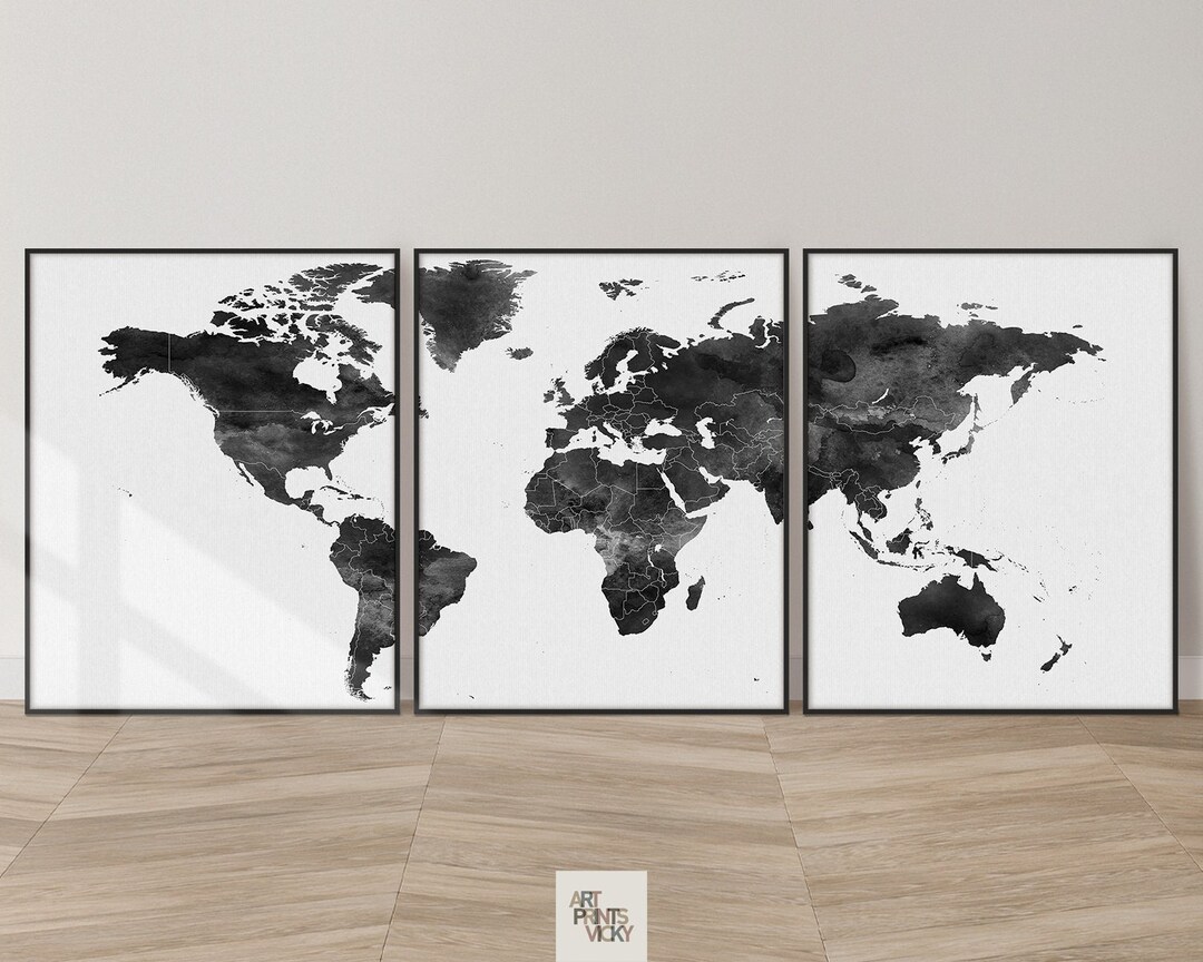 World Map 3 Piece Wall Art Prints Etsy