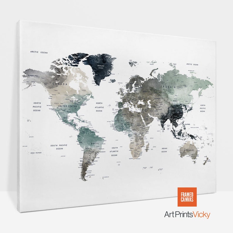 World Map Canvas World Map Detailed Canvas Print Map Canvas Etsy