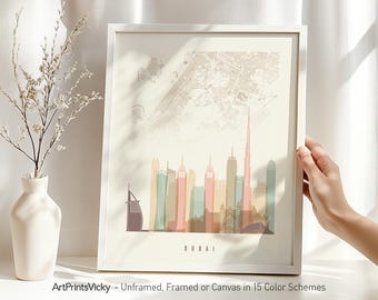 Dubai Map Print, City map with Skyline Poster in Pastel | ArtPrintsVicky