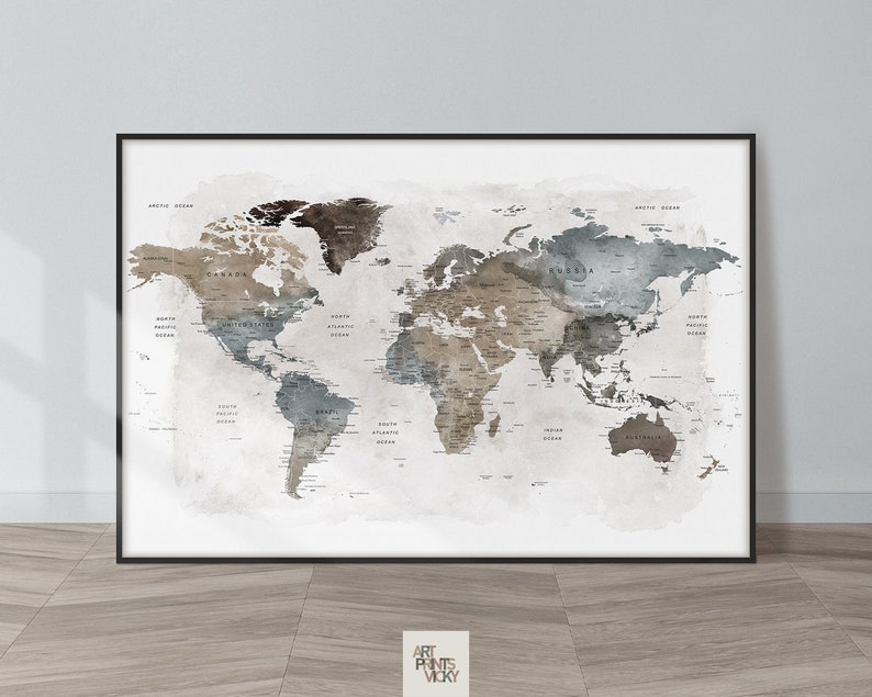 World Map Wall Art Large World Map Poster Detailed Map Canvas Wall Map Print Framed Personalised Map ArtPrintsVicky Earth Tones